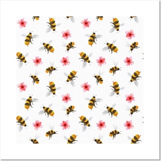 Spring Honey Bees and Pink Blooms in Watercolor Posters and Art